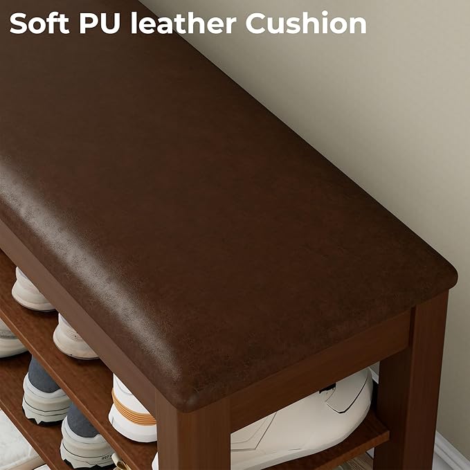 Shoe Rack Bench with Flip-Top Storage, Solid Wood Entryway Bench with Cushion, Adjustable Shelf, for Hallway, Mudroom, Closet – Walnut, 31.5"
