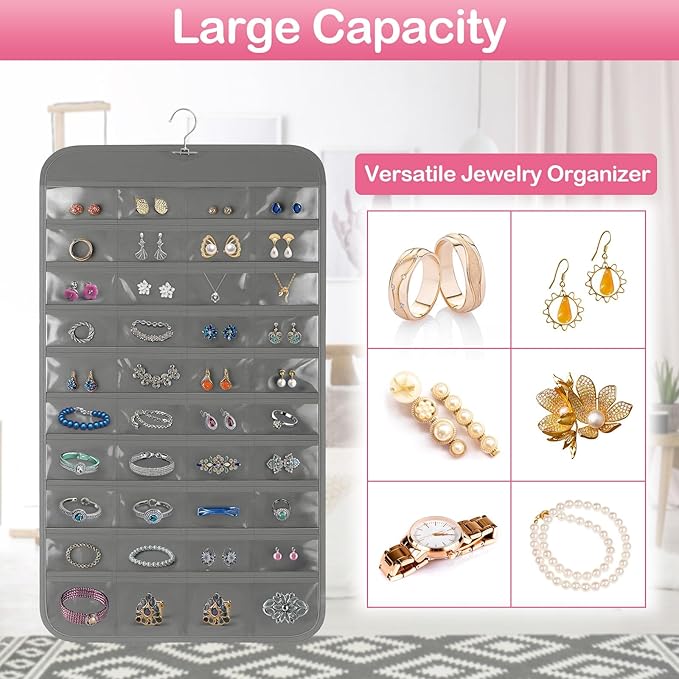 Hanging Jewelry Organizer for Closet with Swiveling Hanger, 17 x 30 In, 80 Clear Pockets Jewelry Organizer Hanging for Jewelries, Earrings, Accessories (Beige) (2, Gray)