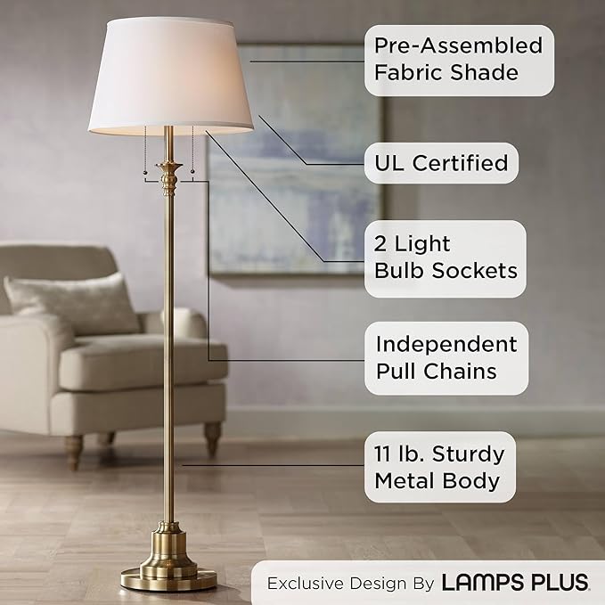 360 Lighting Spenser Traditional Floor Lamp Standing 58" Tall Brushed Antique Brass Gold Metal Thin Column Off-White Linen Fabric Empire Shade for Living Room Reading House Bedroom Home