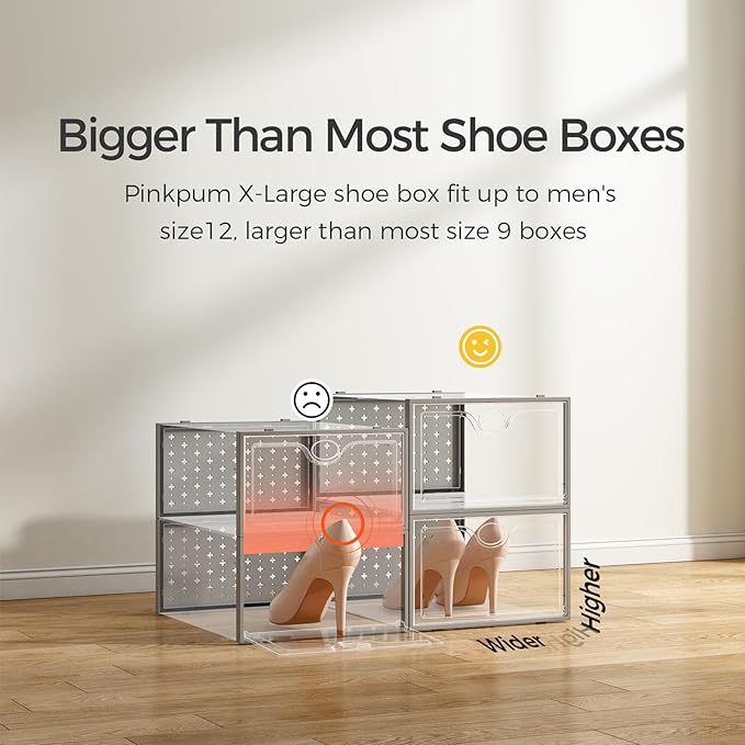 Pinkpum 15 Pack X-Large Shoe Storage Boxes Fit Size 11, Shoe Organizer for Closet Clear Plastic Stackable Shoe Dispaly Case Bins Holder, Sneaker Storage for Sneakerheads Grey