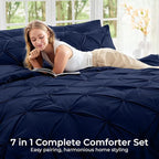 Sasttie King Size Comforter Set, 7-Piece Bed in a Bag, Pintuck Bedding Sets for All Season, Includes Comforter, Flat Sheet, Fitted Sheet, Pillowcases and Pillowshams, Navy
