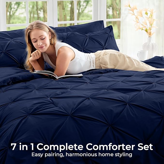 Sasttie California King Comforter Set, 7-Piece Bed in a Bag, Pintuck Bedding Sets for All Season, Includes Comforter, Flat Sheet, Fitted Sheet, Pillowcases and Pillowshams, Navy Blue