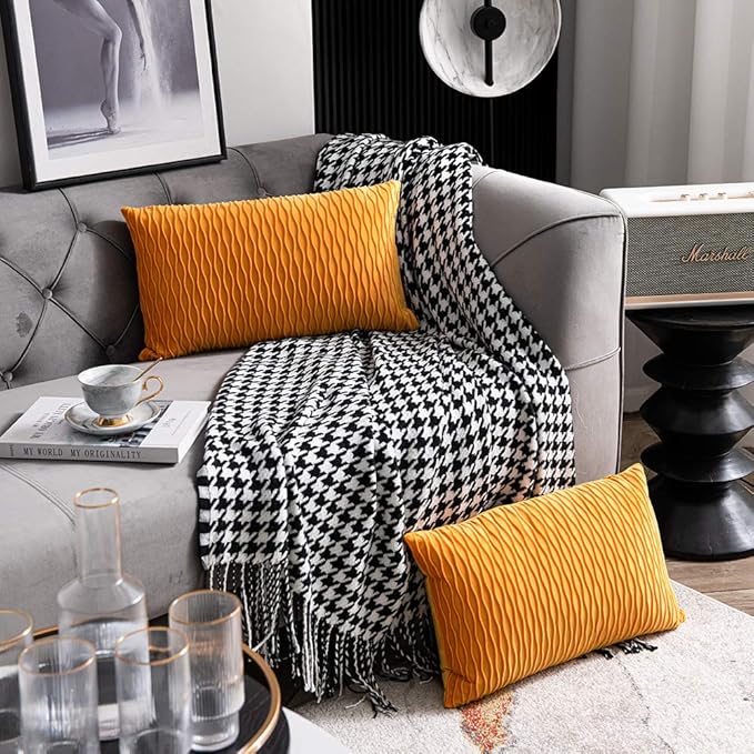 Fall Golden Yellow Couch Pillow Covers: 2 Pack 12x20 Inch Original Striped Polyester Rectangular Throw Pillow Cases for Farmhouse Home Decor
