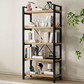 Real Solid Wood Bookshelf Shelves Rustic Vintage Industrial Etagere Bookshelf, Metal & Timber Free Vintage Bookcase, (Genuine Timber) (5-Tiers-Natural Finish)