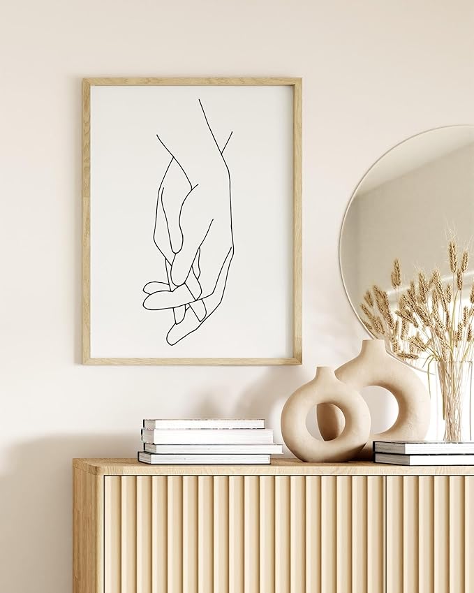 Holding Hands Wall Art Interlocking Fingers Connection Continuous Line Drawing 12x16 Inch Oak Wood Beige Framed Modern Minimalist Unity Print for Bedroom