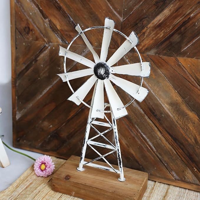Rustic White Farmhouse Windmill Table Decor - Distressed Metal & Wood Windmill for Kitchen, Living Room, Office, or Shelf Decoration