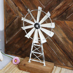 Rustic White Farmhouse Windmill Table Decor - Distressed Metal & Wood Windmill for Kitchen, Living Room, Office, or Shelf Decoration