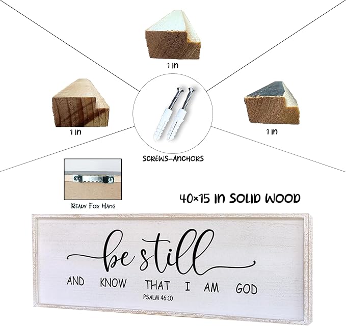 Surfapans Be Still and Know that I am God Wall Decor 40"x15" Large Farmhouse Family Living Room Vintage Religious Bible Verses Entryway Sign Wood Framed Scripture Hallway Hanging Wall Art (White)