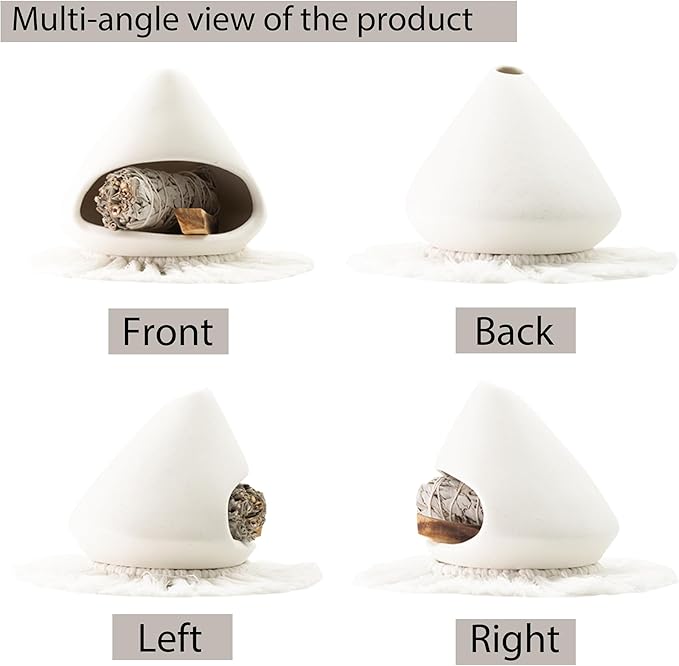 Ceramic Palo Santo Holder Burner,Incense Cone Holder,Mini Chiminea for Palo Santo Sticks and Sage Burner,with Handmade Heat Insulated Mat,Dust Brush,Metal Tweezer. (White)