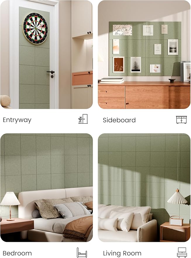 Bumusty Large Cork Board 48" x 36" Alternative - 12 Pack Felt Wall Tiles with 70 Safe Removable Adhesive Tabs, 30 Pushpins, Cork Boards for Walls Pin Board Bulletin Board Office Decor (Sage)