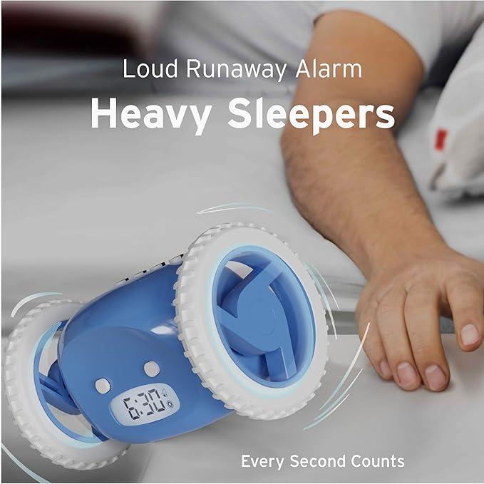 CLOCKY Extra Loud Alarm Clock for Heavy Sleepers on Wheels Rolls Runs Away Vibrating Easy to Set Super Smart Snooze Digital Bed Shaker Alarm Clock Funny Gift for Adults Kids Teens Bedrooms (Blue)