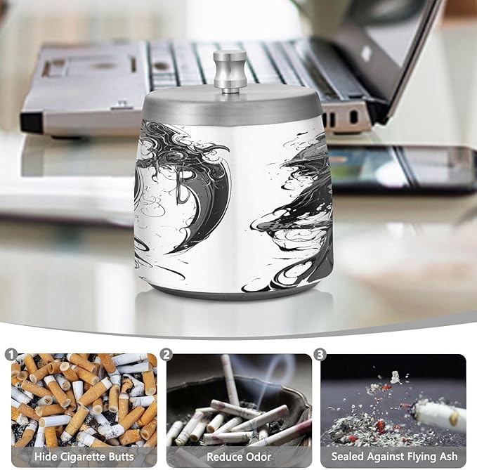 Black Death Ashtray with Lid, Outdoor Ashtrays for Patio, Stainless Steel Ashtray Odorless Smokeless for Home Office Balcony