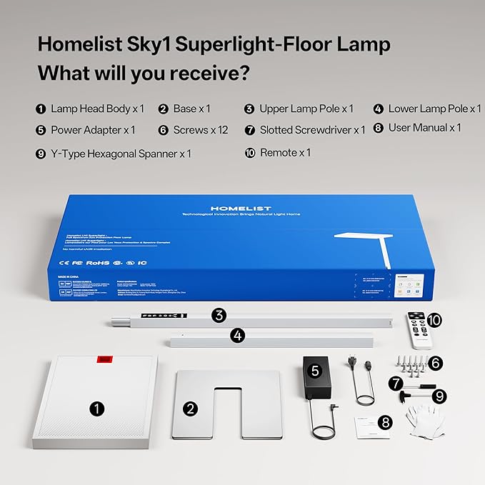 Homelist SKY1 Superlight 150W Full Spectrum Eye Protection Floor Lamp, 13000LM Ultra-Bright Standing Lamp with Motion Sensor, Auto Dimming, Touch & Remote Control, 4000K, for Homeoffice, Study Room