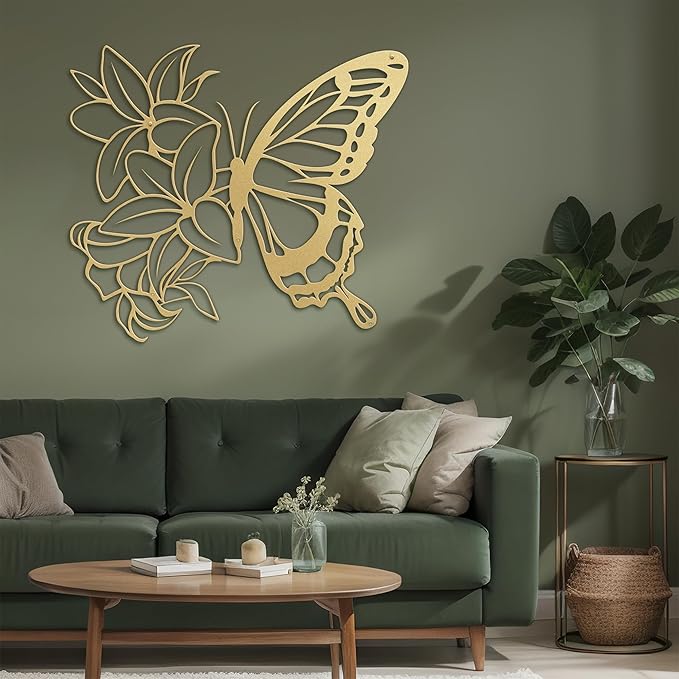 SIGNLEADER Metal Wall Art Decor Butterfly and Flowers Minimalist Modern Abstract Wall Sculpture Hangings Home Decoration for Living Room, Bedroom, Bathroom, Kitchen, Outdoor - 30" Gold