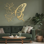 SIGNLEADER Metal Wall Art Decor Butterfly and Flowers Minimalist Modern Abstract Wall Sculpture Hangings Home Decoration for Living Room, Bedroom, Bathroom, Kitchen, Outdoor - 30" Gold