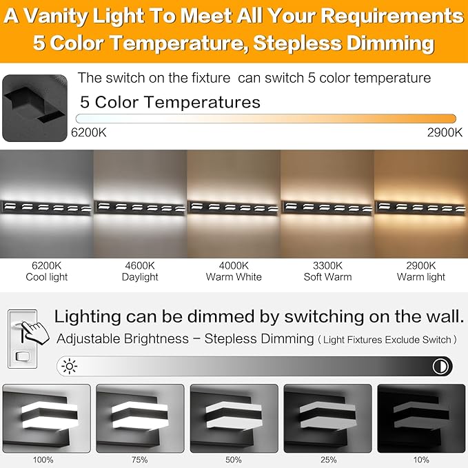 SOLFART 5 Color Temperature Adjustable Modern Vanity Light6 Lights Black Bathroom Light FixturesIndoor LED Bar Lighting 5 Color Temperature Adjustable 5CCT