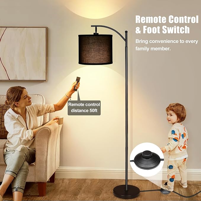 LED Floor Lamps for Living Room, 12W Modern Arc Floor Lamp with Remote & Adjustable Linen Lampshade, Stepless Dimmable Tall Standing Lamp for Bedroom Office Reading (Black Shade)
