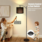 LED Floor Lamps for Living Room, 12W Modern Arc Floor Lamp with Remote & Adjustable Linen Lampshade, Stepless Dimmable Tall Standing Lamp for Bedroom Office Reading (Black Shade)