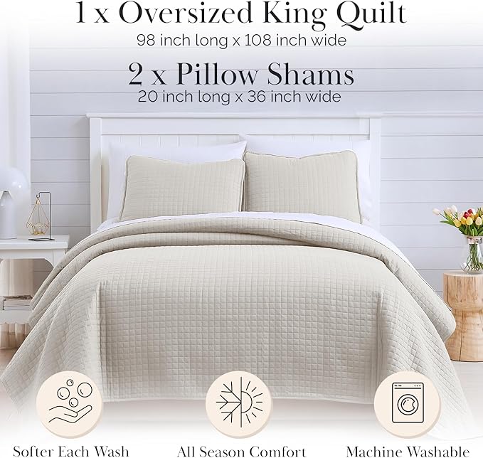 Southshore Fine Living, Inc. King Quilt Bedding Set, Quilted Comforter, Coverlet Bed Spread for California Kings, Luxury Bedding King Quilt Set, Lightweight Quilted Bedspread w/Shams, Natural Beige