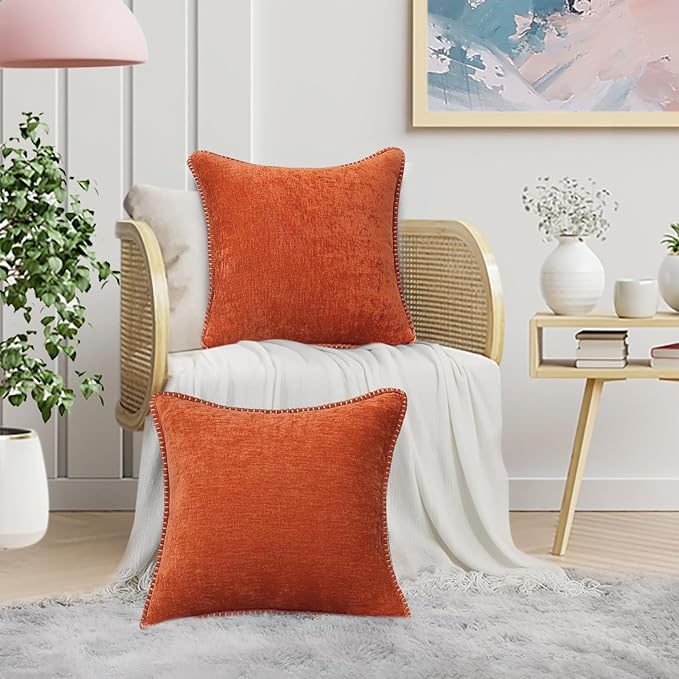 decorUhome Spring Chenille Soft Cozy Throw Pillow Covers 24x24 Set of 2, Modern Farmhouse Boho Velvet Decorative Euro Sham Pillow Cases with Stitched Edge for Couch Sofa Bed Home Decor, Rust