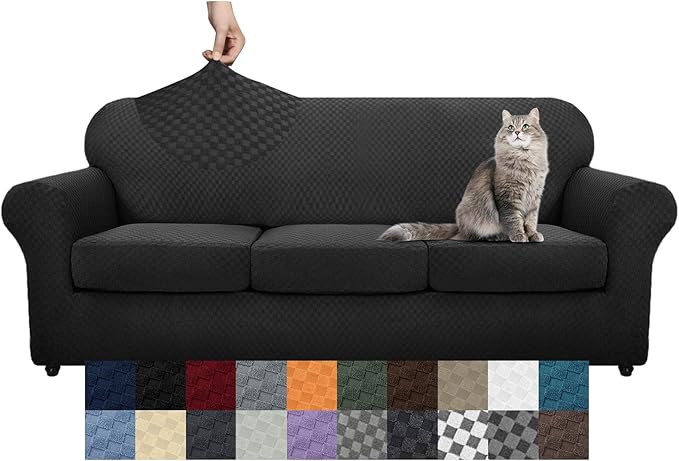 YEMYHOM Latest Checkered 4 Pieces Couch Covers for 3 Cushion Couch Extra Large High Stretch Thickened Sofa Cover for Dogs Pets Furniture Protector Sofa Slipcovers (Black), 91"-110"(3 Cushions)