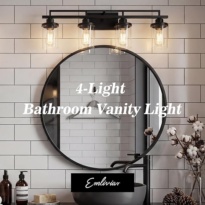Emliviar 4 Light Vanity Lights Over Mirror with Clear Glass, 29.3" Matte Black Bathroom Vanity Lighting for Living Room, YCE238B-4W BK