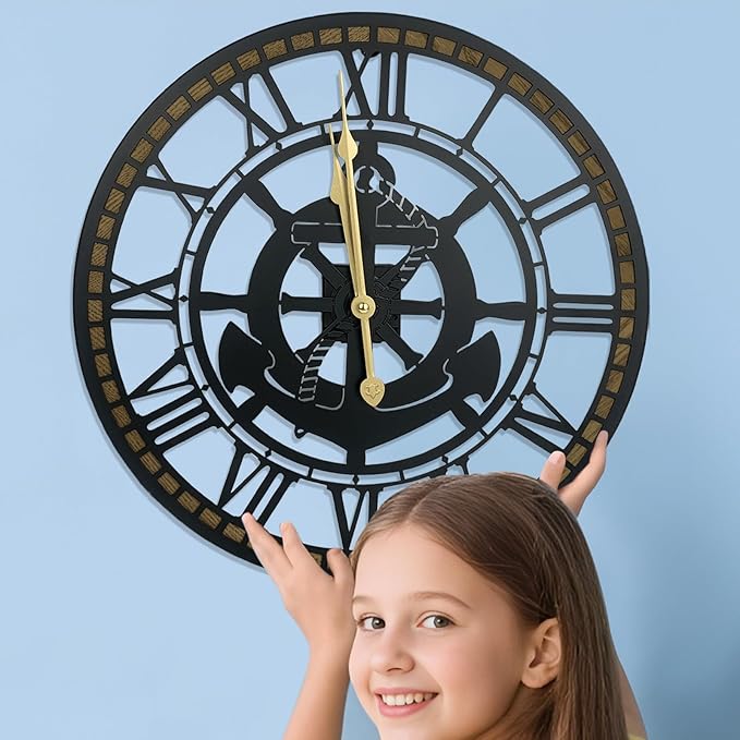 24 Inch Wall Clock, Anchor Wall Clock, Silent Non Ticking, Battery Operated Large Decor Clocks for Living Room Decor, Kitchen, Office (Nautical Style)