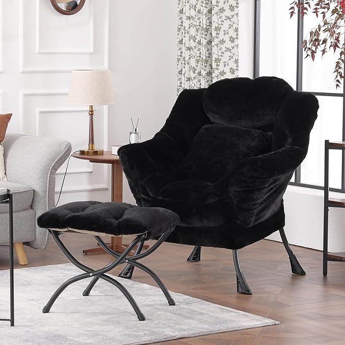 Lazy Chair with Ottoman, Large Black Lounge Accent Chair with Ottoman and FA Throw Pillow, Comfy Plush Reading Chair for Living Room Bedroom Dorm Room Office Apartment Relaxing Use