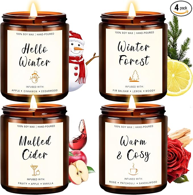 4 Pack Winter Candles - 28oz Soy Candle Set, Winter Scented Candles with Apple Cinnamon, Fir Balsam, Mulled Cider, Sandalwood – Holiday Candle Gifts for Women,New Years Home Decor & Valentines Day