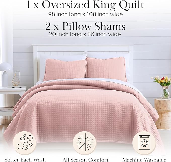 Southshore Fine Living, Inc. Pink King Quilt Set with 2 Pillow Shams, Stitched Lightweight Coverlet, King Size, Stain & Pet Hair Resistant Bedding Set, Fits Standard or California Beds, Pastel Pink
