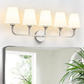 Kvhilw Bathroom Vanity Light, Brushed Nickel Bathroom Light Fixtures, 5-Light Lighting Fixtures Over Miror, Modern Wall Sconce with Flared White Fabric Shade, E26 Socket(ETL Listed)