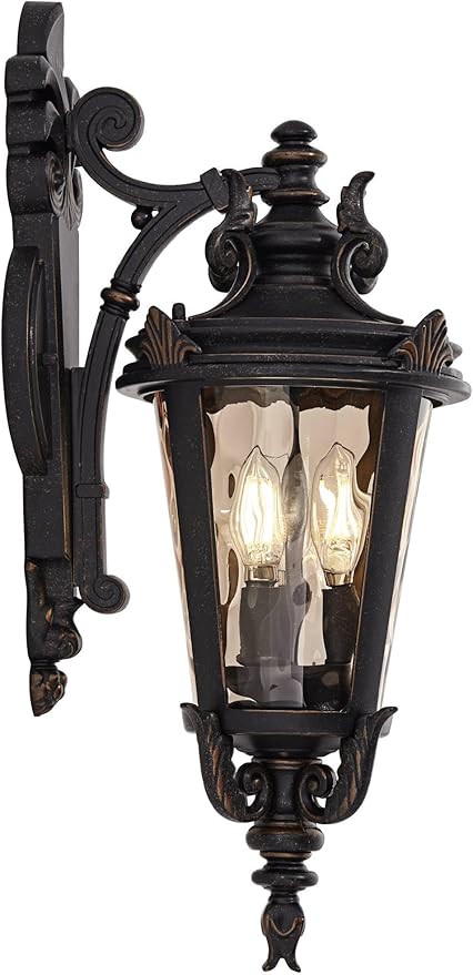 John Timberland Casa Marseille European Outdoor Wall Light Fixture Bronze Scroll 21 3/4" Champagne Hammered Glass for Exterior House Porch Patio Outside Deck Garage Front Door Garden Home