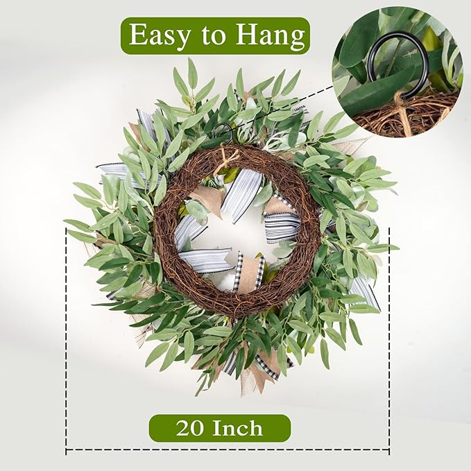 Lambs Ear Wreaths for Front Door Year Round Outside, 20'' Artificial Spring Summer Wreath with Peony Buffalo Bow Green Handmade Farmhouse Home Decor