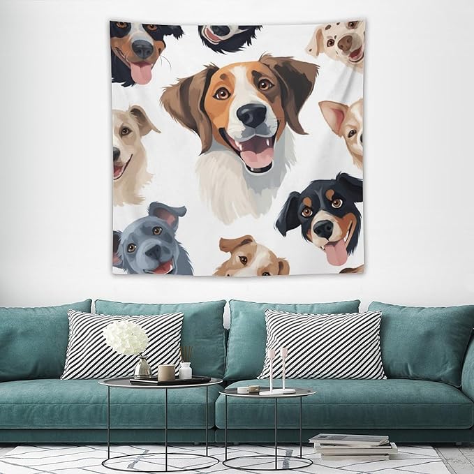 VUMIVI Cartoon Dog Tapestry Black & White Pet Dog Heads Cute Illustration Modern Creative Design Tapestry Wall Hanging for Living Room Bedroom Dorm Classroom Aesthetic Decor W60xL60in