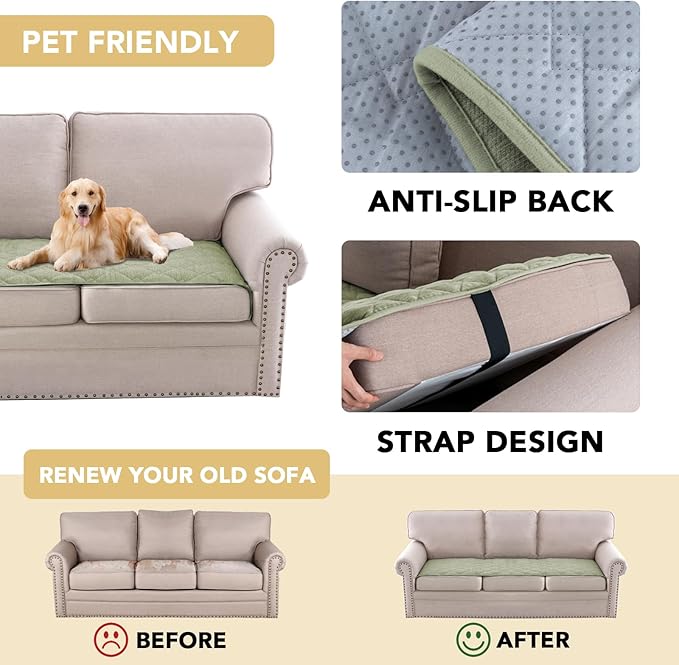 H.VERSAILTEX Couch Cover Chenille Pet Fuzzy Sofa Covers for 2 Cushion Couch Anti Slip Washable Sofa Slipcovers with Strap Soft Couch Protector Cover for Dogs Cats Kids(27.6" x 71", Tender Green)