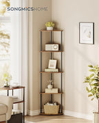 SONGMICS HOME Superfast Toolless Assembly, Corner Shelf Stand, 5-Tier Corner Standing Shelf, Living Room, Bedroom, Kitchen, 15 x 10.6 x 54.7 Inches, Rustic Brown ULBC610K01