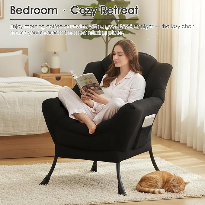 Lazy Chair for Living Room, Large Black Lounge Accent Chair with a Throw Pillow, Leisure Sofa Chair Set, Comfy Reading Chair for Bedroom, Dorm Room, Office