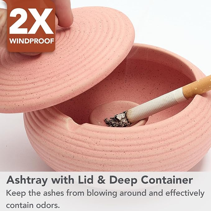 Ashtray with Lid for Outside Patio, Windproof Ash tray, Ceramic Smokeless Ashtray for Outdoor Home Office Tabletop Patio Outdoor Balcony, Pink