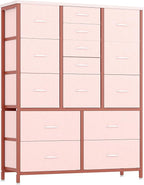 GarveeHome 15 Drawers Dressers, Chest of Drawers with Wood Tabletop, Metal Frame, Storage Organizer Unit with Fabric, Tall Dressers for Bedroom Living Room Hallway Entryway, Pink