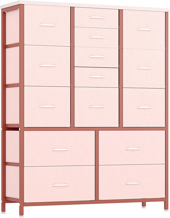 GarveeHome 15 Drawers Dressers, Chest of Drawers with Wood Tabletop, Metal Frame, Storage Organizer Unit with Fabric, Tall Dressers for Bedroom Living Room Hallway Entryway, Pink