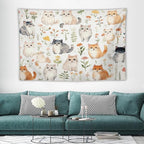 VUMIVI Cute Cat Tapestry Cartoon Pets Flowers Mushrooms Butterflies Watercolor Illustrations Tapestry Wall Hanging for Living Room Bedroom Dorm Classroom Aesthetic Decor W60xL40in