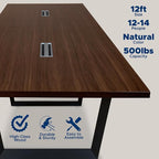 Sturdy Conference Table with Cable Management Grommets Modern Rectangle Office Meeting Table with Wood Tabletop and Metal Frame & Legs- Easy Assembly Boardroom Table (Dark Brown, 12 Foot)