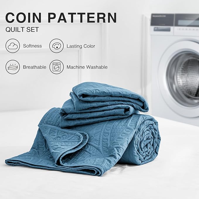 Love's cabin Quilts for Full Bed Misty Blue Bedspreads Bedding Set - Lightweight Bedspread Comforter - Coin Pattern Bedding Coverlet for All Season - 3 Pieces (1 Quilt, 2 Pillow Shams)
