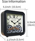 Vintage Steampunk Desk Clock, 6 Inch Metal Industrial Table Clock with Moving Gears, Silent Non-Ticking Quartz, Battery Operated Shelf Decor for Home Office Living Room（Black）