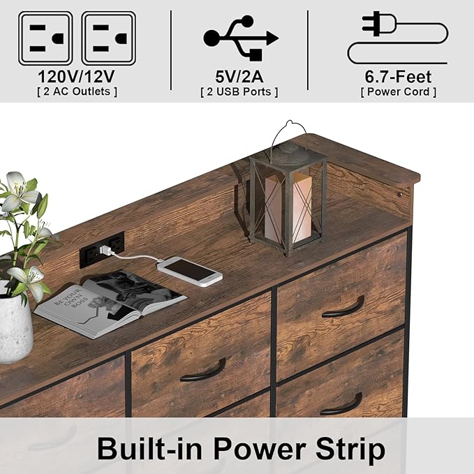 EXOTICA Industrial Dresser for Bedroom with Charging Station and LED Light Fabric Storage Dresser with 9 Fabric Drawers Chest of Drawers for Closet Hallway Sturdy Steel Frame Wooden Top