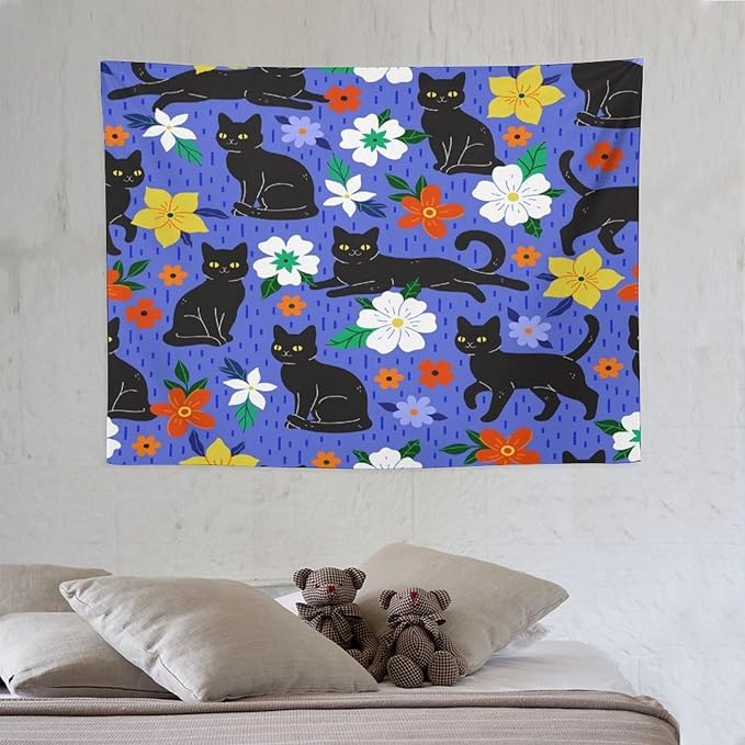VUMIVI Black Cat Floral Tapestry Red White Hand-Painted Flowers Cute Animals Kids' Doodles Tapestry Wall Hanging for Living Room Bedroom Dorm Classroom Aesthetic Decor W40xL30in