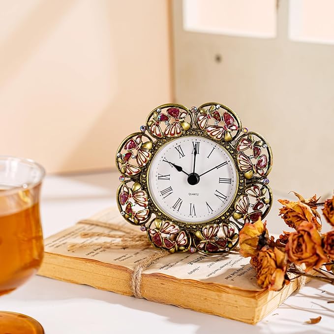 Mini Tabletop Clock, Decorative Vintage Floral Metal Table Clock with Battery Operated for Bedside, Table, Living Room, Home and Office