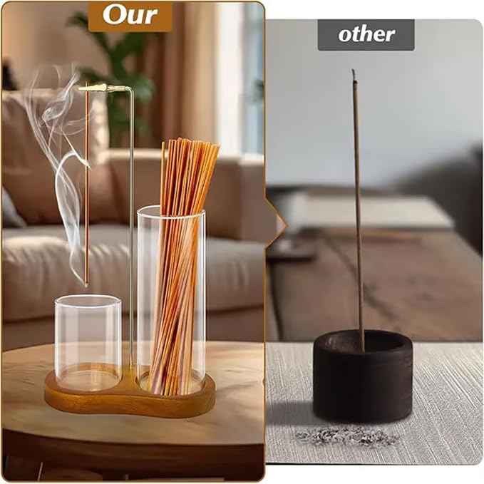 2 in 1 Incense & Candle Holder, 2 in 1 Incense Holder for Sticks with Glass Ash Catcher, Solid Wood Multifunctional Incense Burner, Home Incense Holder, Incense Stick Base (color1)