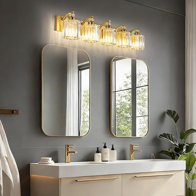 5-Lights Brushed Brass Bathroom Light Fixture Gold Vanity Lights Modern Crystal Bathroom Vanity Lighting Over Mirror Wall Sconce with K9 Crystal Shade E26 Base for Living Room, Bedroom Wall Lamp