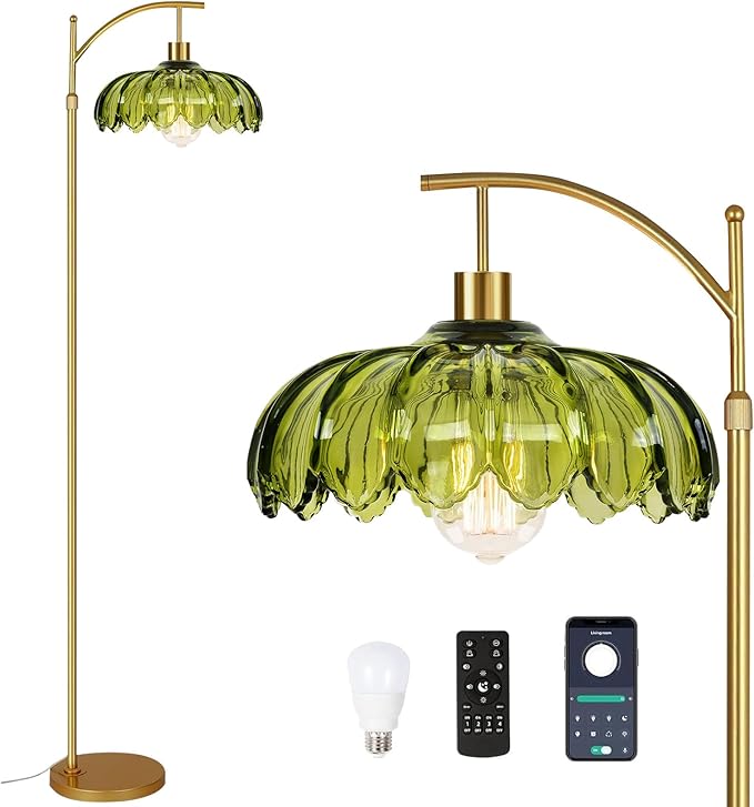 Gold Floor Lamps for Living Room Vintage Green Floor Lamp with Remote Control & Glass Lampshape,Dimmable Mid Century Modern Standing Lamp Tall Flower Lamp Brass Floor lamp for Bedroom Corner